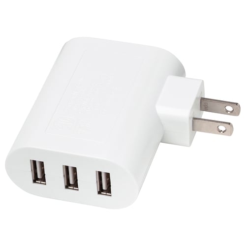White SMÅHAGEL charger with 3 usb ports for smartphones & tablets. Compact with flat plug.