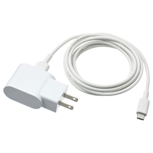 White usb charger with 2-prong plug and coiled usb-c cable.