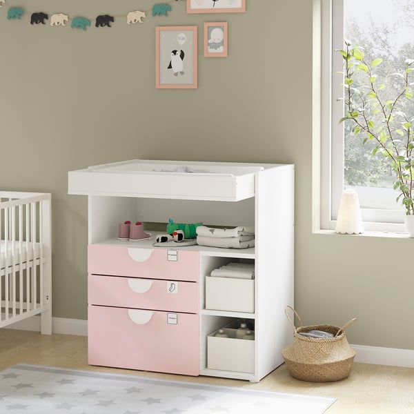 SMÅSTAD changing table, white pale pink/with 3 drawers, 353/8x311/2x393