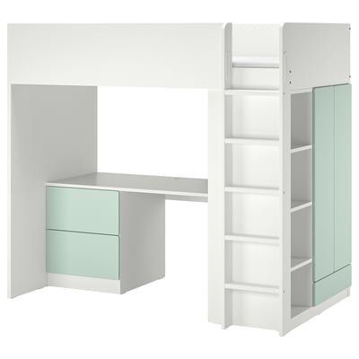 SMÅSTAD loft bed with desk, wardrobe, shelves, in white & green. Space-saving, modern design.