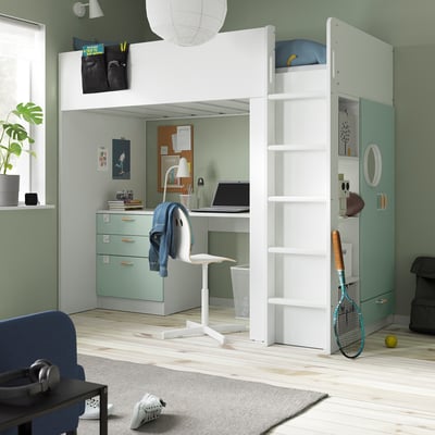 SMÅSTAD Loft bed, white light green/with desk with 4 drawers, Twin