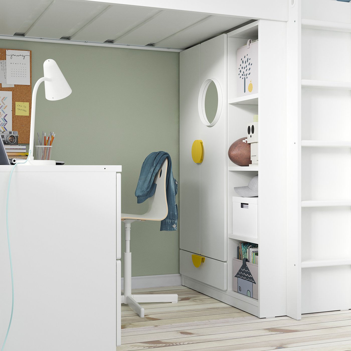 SMÅSTAD Loft bed - white white/with desk with 2 shelves Twin, image size:1400x1400