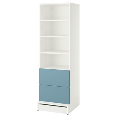 A white and blue SMÅSTAD bookcase with four shelves and two drawers at the bottom.
