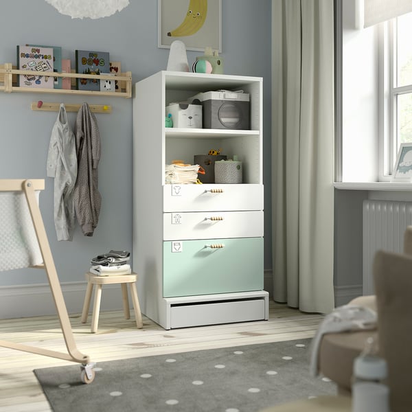 SMÅSTAD / UPPFÖRA Bookcase, white light green/with 3 drawers, 23 5/8x25 5/8x53 1/2 "