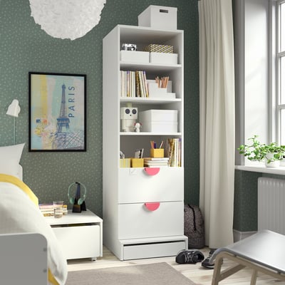 SMÅSTAD / UPPFÖRA Bookcase, white white/with 2 drawers, 23 5/8x25 5/8x77 1/8 "