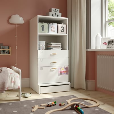 SMÅSTAD / UPPFÖRA Bookcase, white white/with 3 drawers, 23 5/8x25 5/8x53 1/2 "
