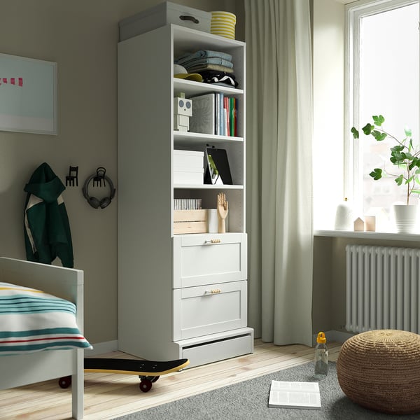 SMÅSTAD / UPPFÖRA Bookcase, white with frame/with 2 drawers, 23 5/8x25 5/8x77 1/8 "