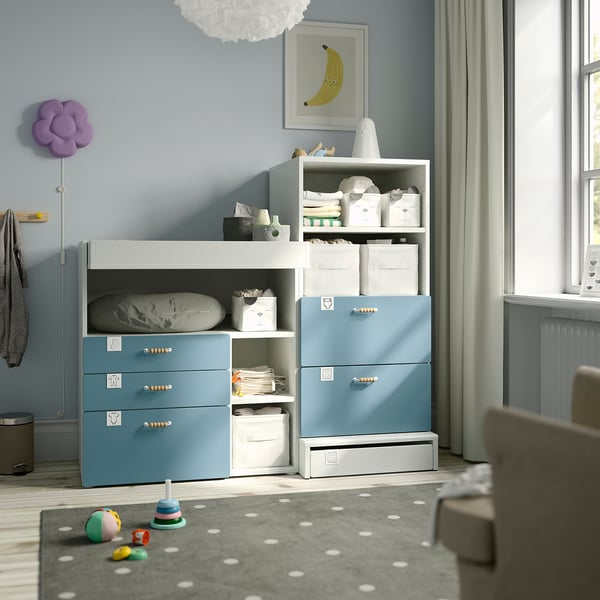 SMÅSTAD / UPPFÖRA Changing table, white blue/with bookcase, 59x31 1/2x53 1/2 "