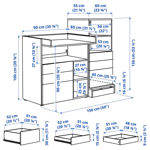 SMÅSTAD / UPPFÖRA Changing table, white white/with bookcase, 59x31 1/2x53 1/2 "