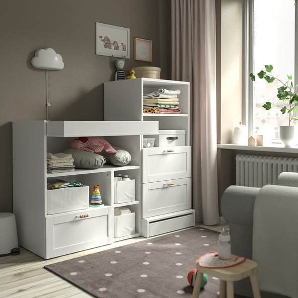 SMÅSTAD / UPPFÖRA Changing table, white with frame/with bookcase, 59x31 1/2x53 1/2 "