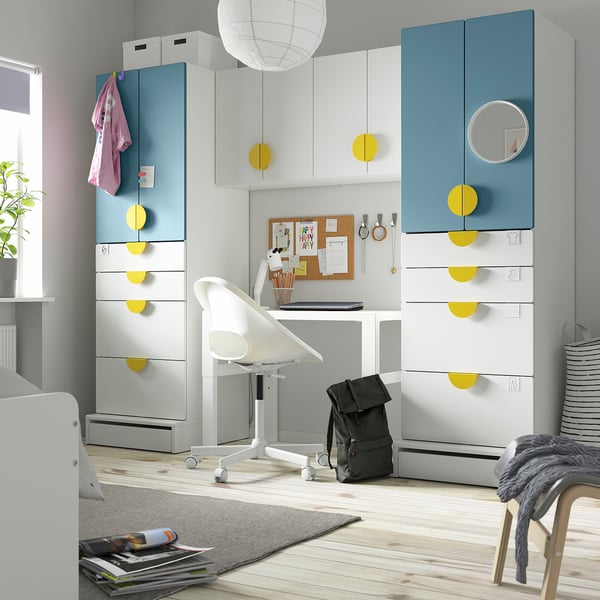 SMÅSTAD / UPPFÖRA Storage combination, white/blue, 94 1/2x25 5/8x77 1/8 "