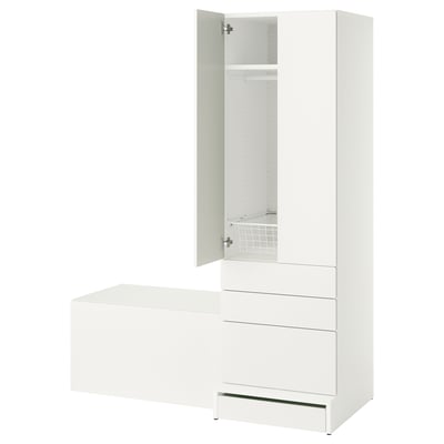 SMÅSTAD / UPPFÖRA Storage combination, white white/with bench, 59x25 5/8x77 1/8 "