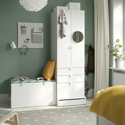SMÅSTAD / UPPFÖRA Storage combination, white white/with bench, 59x25 5/8x77 1/8 "