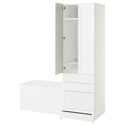 SMÅSTAD / UPPFÖRA Storage combination, white with frame/with bench, 59x25 5/8x77 1/8 "