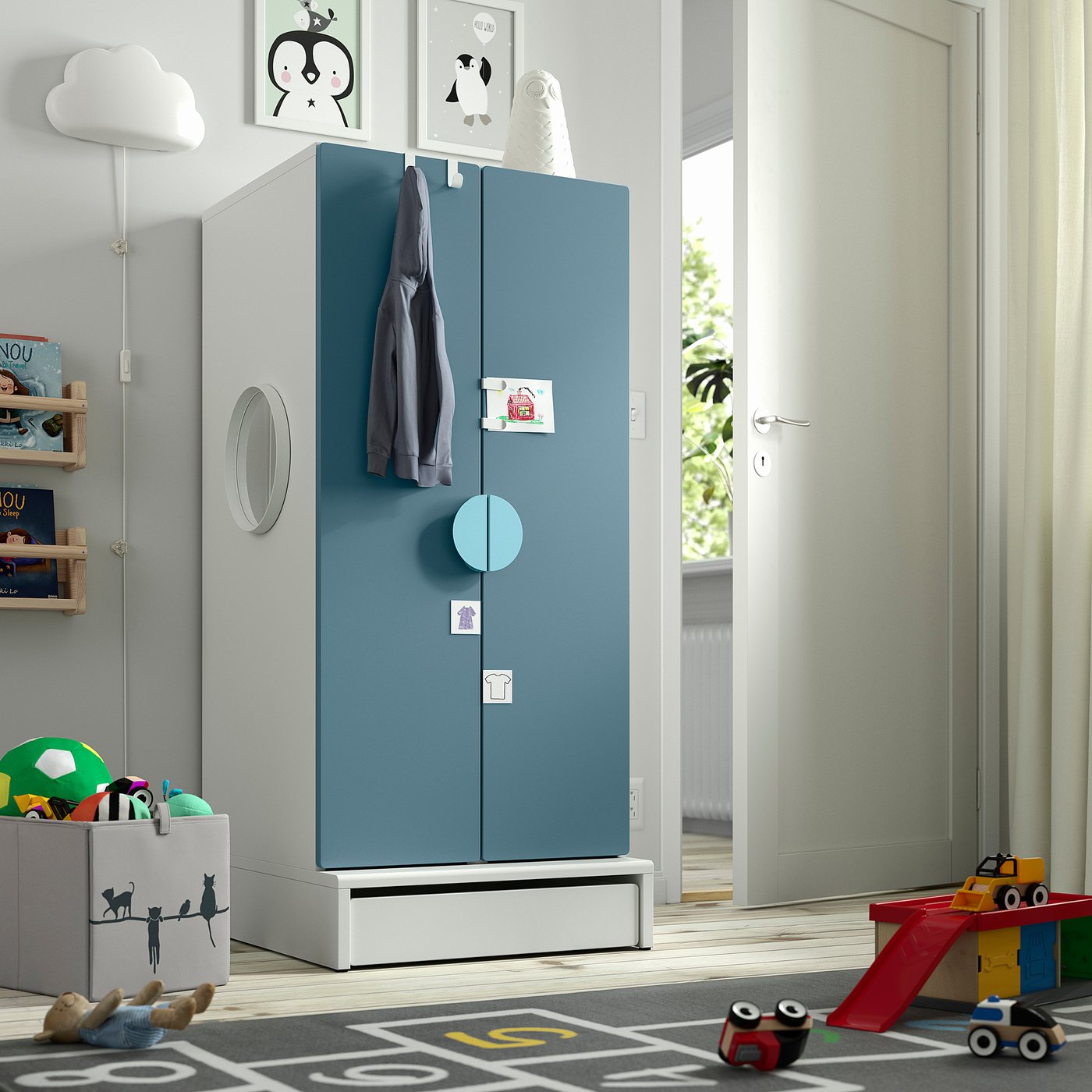 Wardrobe, white blue/with 3 shelves 2