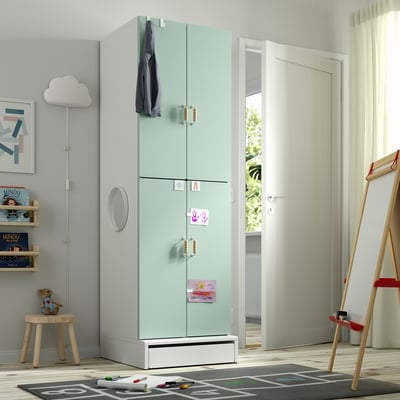 SMÅSTAD / UPPFÖRA Wardrobe, white light green/with 2 clothes rails, 23 5/8x25 5/8x77 1/8 "