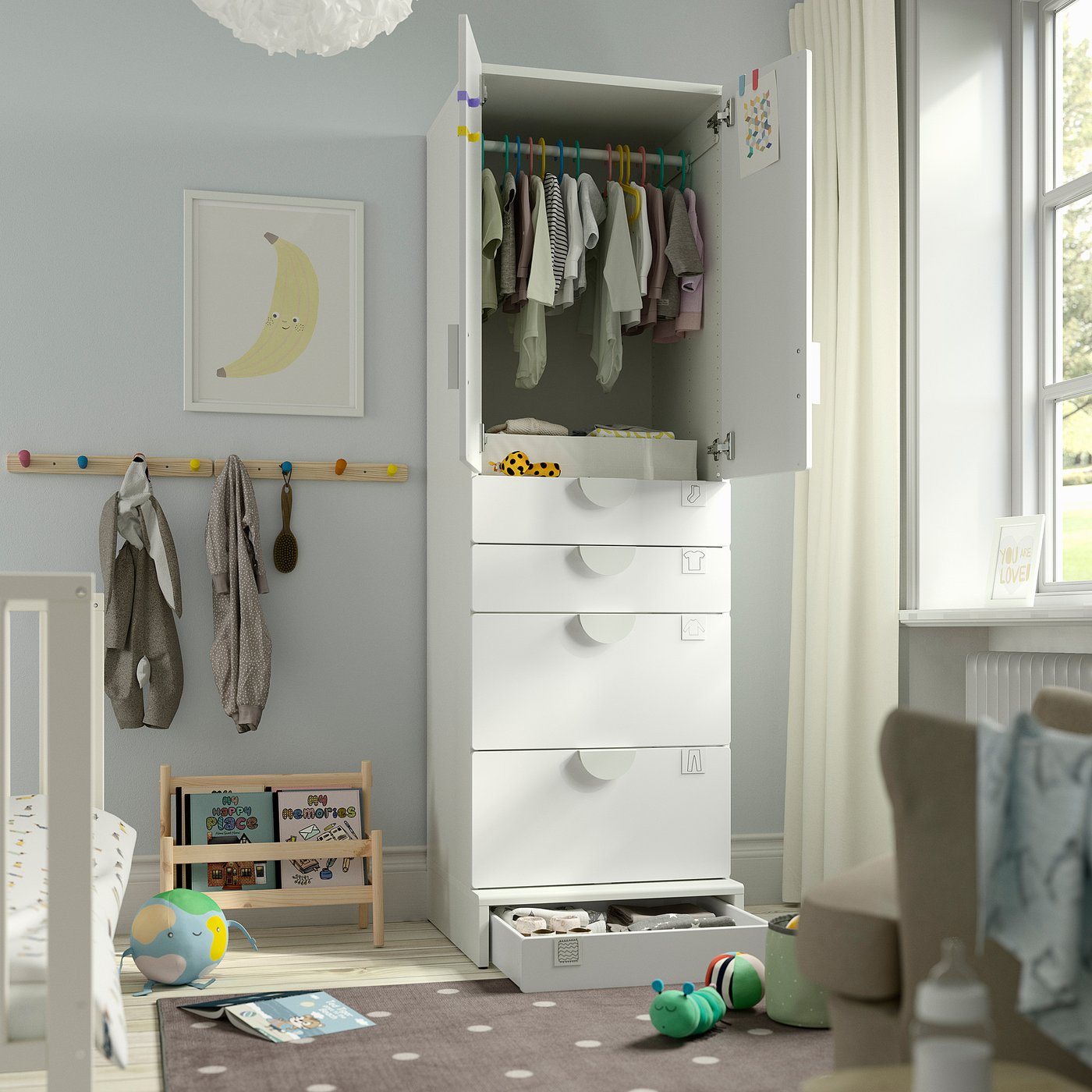 SMÅSTAD / UPPFÖRA wardrobe, white light green/with 4 drawers, 235