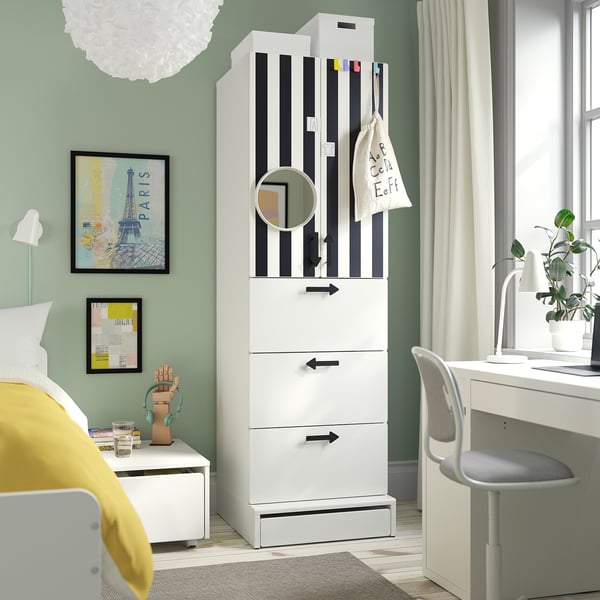 SMÅSTAD / UPPFÖRA Wardrobe, white stripe/white with 3 drawers, 23 5/8x25 5/8x77 1/8 "