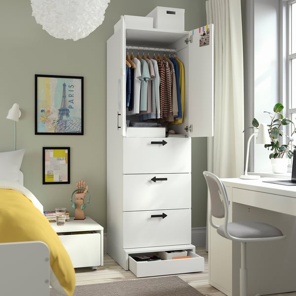 SMÅSTAD / UPPFÖRA Wardrobe, white stripe/white with 3 drawers, 23 5/8x25 5/8x77 1/8 "