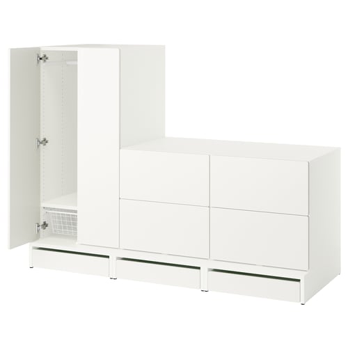 White kids wardrobe with adjustable sections, soft-closing doors, and a pull-out rail. Modern and functional design for easy use.