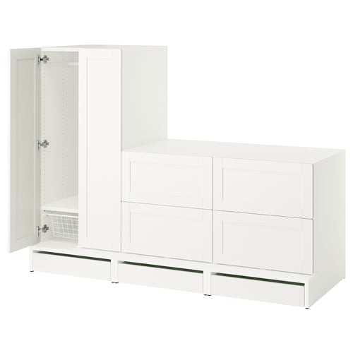 A white SMÅSTAD kids wardrobe with drawers. It has an open door revealing inner storage. The unit stands on adjustable feet for stability.