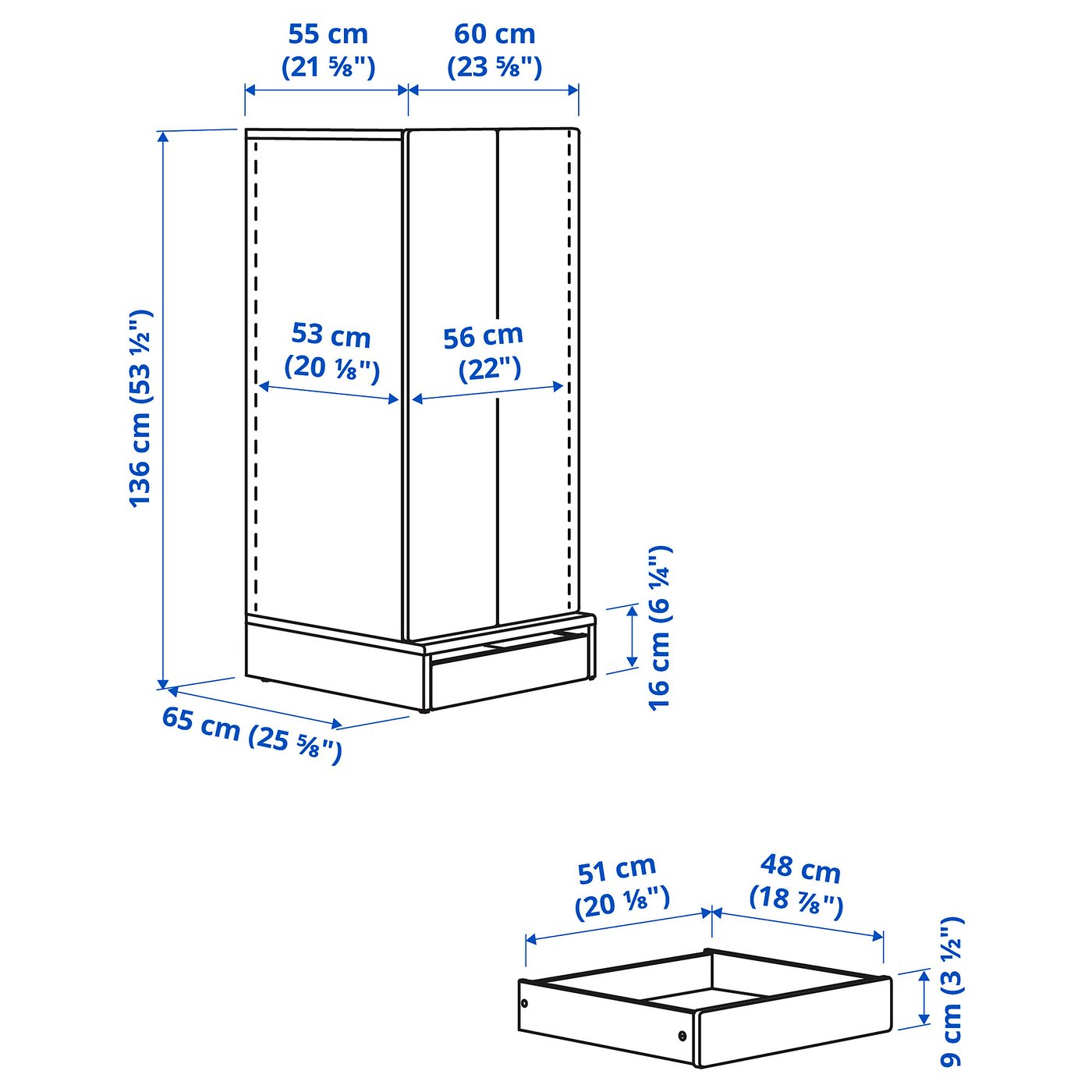 Wardrobe, white with frame/with 3 shelves 6