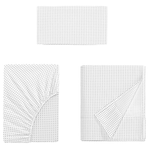 Three white bed sheet sets displayed horizontally and vertically with pattern dots on a white background.
