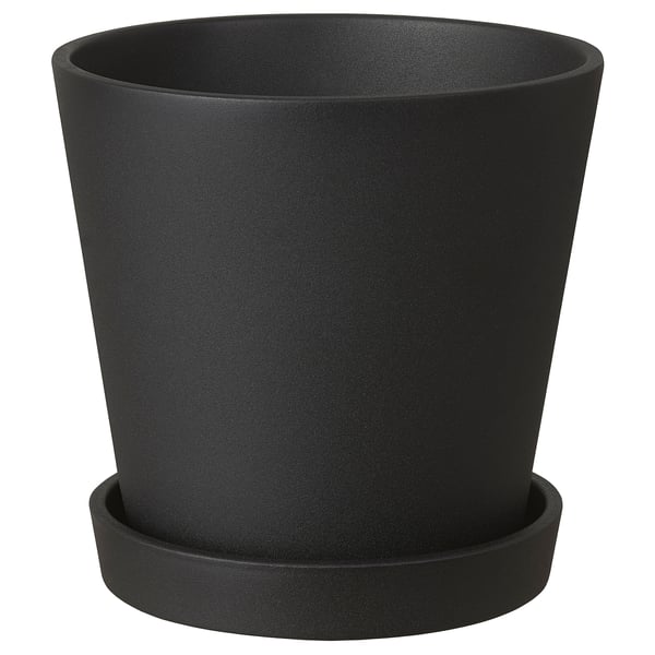 SMULGUBBE Plant pot with saucer, indoor/outdoor black, 4 ¾ "