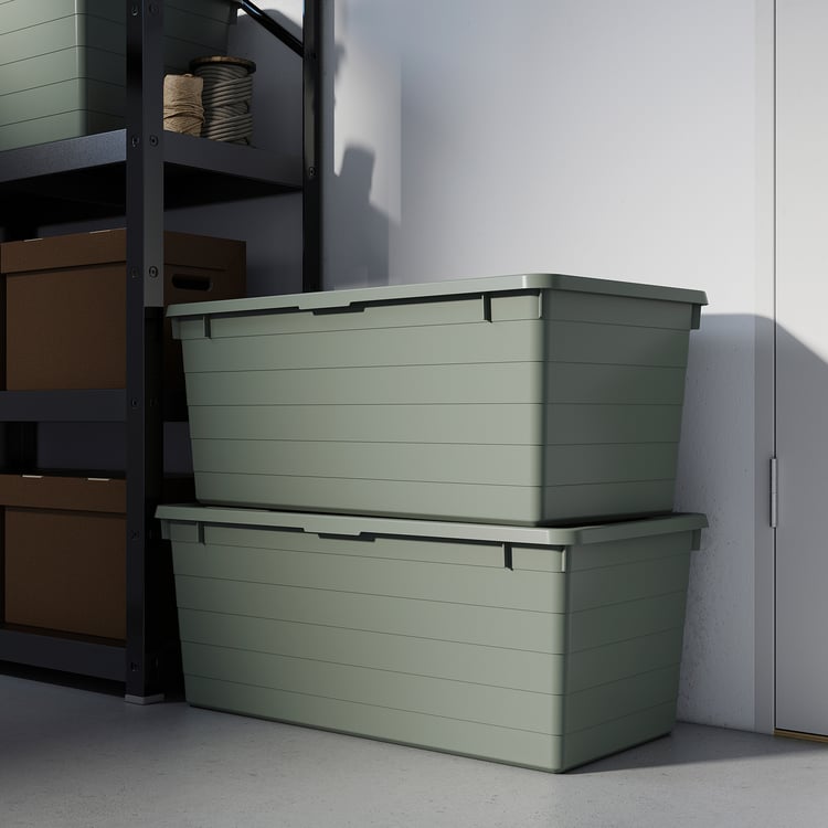 SOCKERBIT storage box with lid, graygreen, 15x30x11 ¾" IKEA
