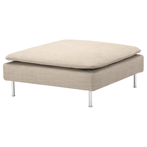 The SÖDERHAMN footstool is square-shaped in beige, with a soft, durable fabric cover on metal legs.