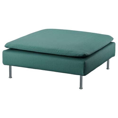 Green modern square footstool, metal legs, patterned design.
