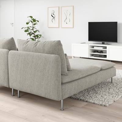 SÖDERHAMN light grey sofa with chaise, modern design, large, plush, in minimalist living room.