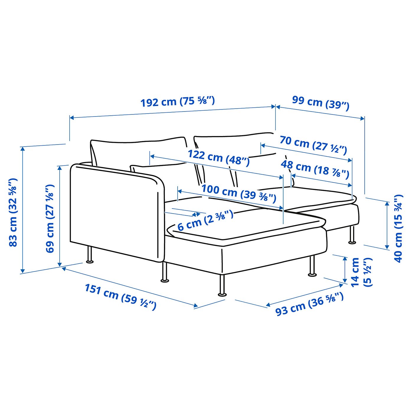 SÖDERHAMN loveseat, with chaise with armrest/Hillared dark blue - IKEA