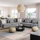 Modern living room with SÖDERHAMN sectional sofa, coffee table, ottomans, pendant light, striped rug, and city view window.