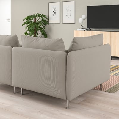 Modern grey SÖDERHAMN sectional sofa, low and deep, with metal legs. Large, comfortable, & airy, fits well in spacious living rooms.