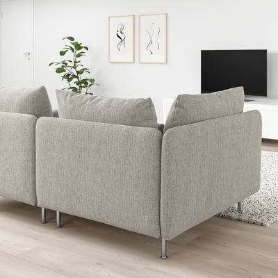 SÖDERHAMN light grey sofa set, modern design, deep cushions, sleek legs. Its large, fits well in spacious rooms with white walls, tv, and plants.