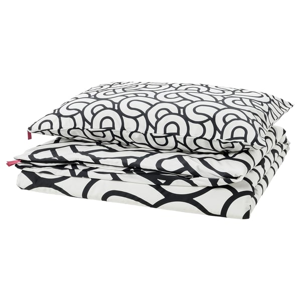 SÖTRÖNN Duvet cover and pillowcase(s), white/black/patterned, Twin