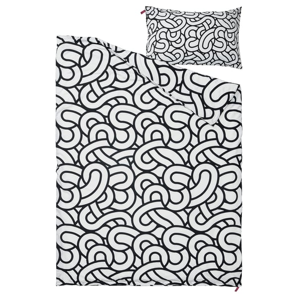 SÖTRÖNN Duvet cover and pillowcase(s), white/black/patterned, Twin