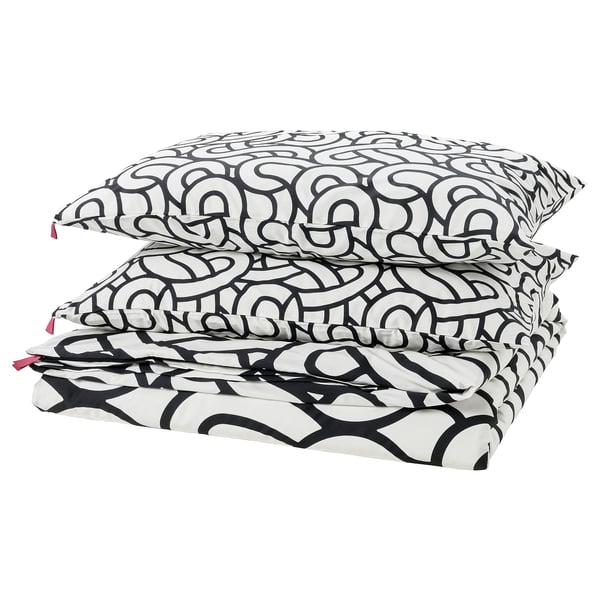 SÖTRÖNN Duvet cover and pillowcase(s), white/black/patterned, Full/Queen (Double/Queen)
