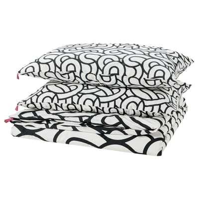 SÖTRÖNN Duvet cover and pillowcase(s), white/black/patterned, Full/Queen (Double/Queen)