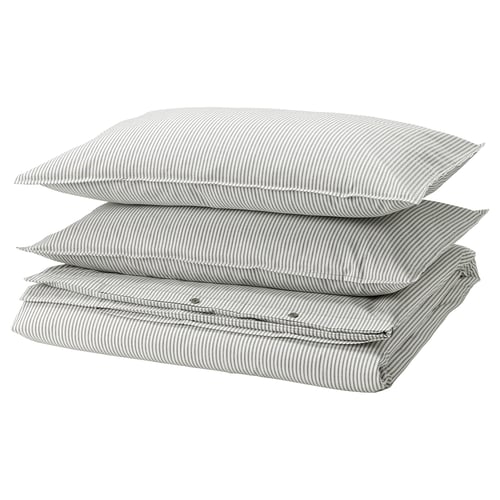 Three stacked square pillows with white and grey stripes, zipped closures, 100% cotton.