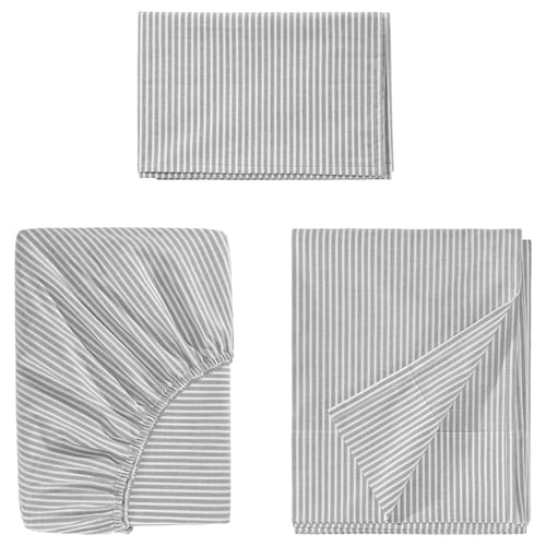 Three grey striped bed linens: flat sheet, fitted sheet, pillowcase. Soft cotton, simple stripe design.