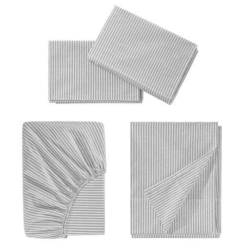 Set of grey striped bed linens: 1 flat sheet, 1 fitted sheet, 2 pillowcases. 100% cotton.