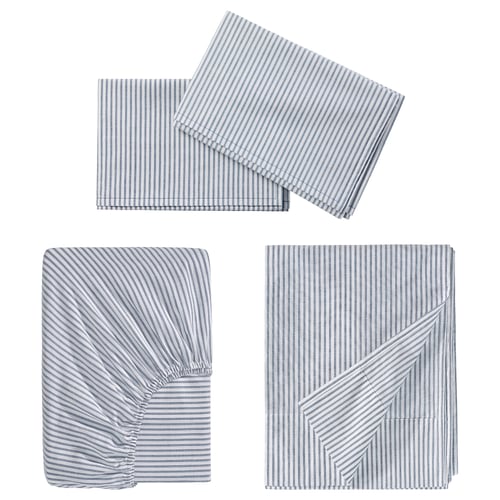 Blue striped bedsheet set, three pieces: flat, fitted sheet, and pillowcases, 100% cotton, neatly folded, geometric stripe pattern.