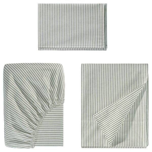 SOLFIBBLA Sheet set, white green/stripe, Twin