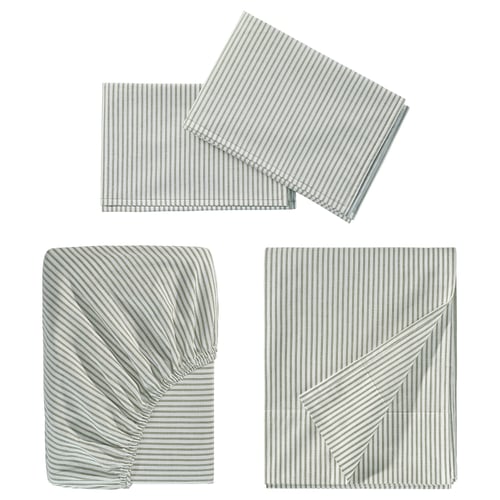 Image shows SOLFIBBLA bed linens in grey stripes, including flat and fitted sheets, all cotton.
