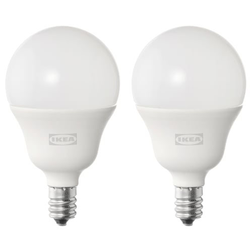 Two solhettta led bulbs by IKEA, white colour, spherical shape, made of polyamide plastic and polycarbonate.