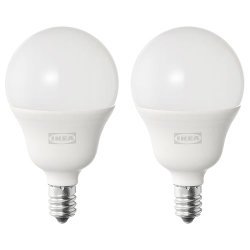 Two IKEA SOLHETTA led bulbs, white, spherical with e12 base, daylight colour, durable plastic and metal base.