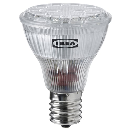 IKEAs SOLHETTA led bulb, warm-white, cylindrical, frosted plastic, dimmable, with e12 base.