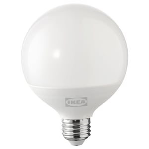 Ikea SOLHETTA led bulb, white, round shape, plastic material.